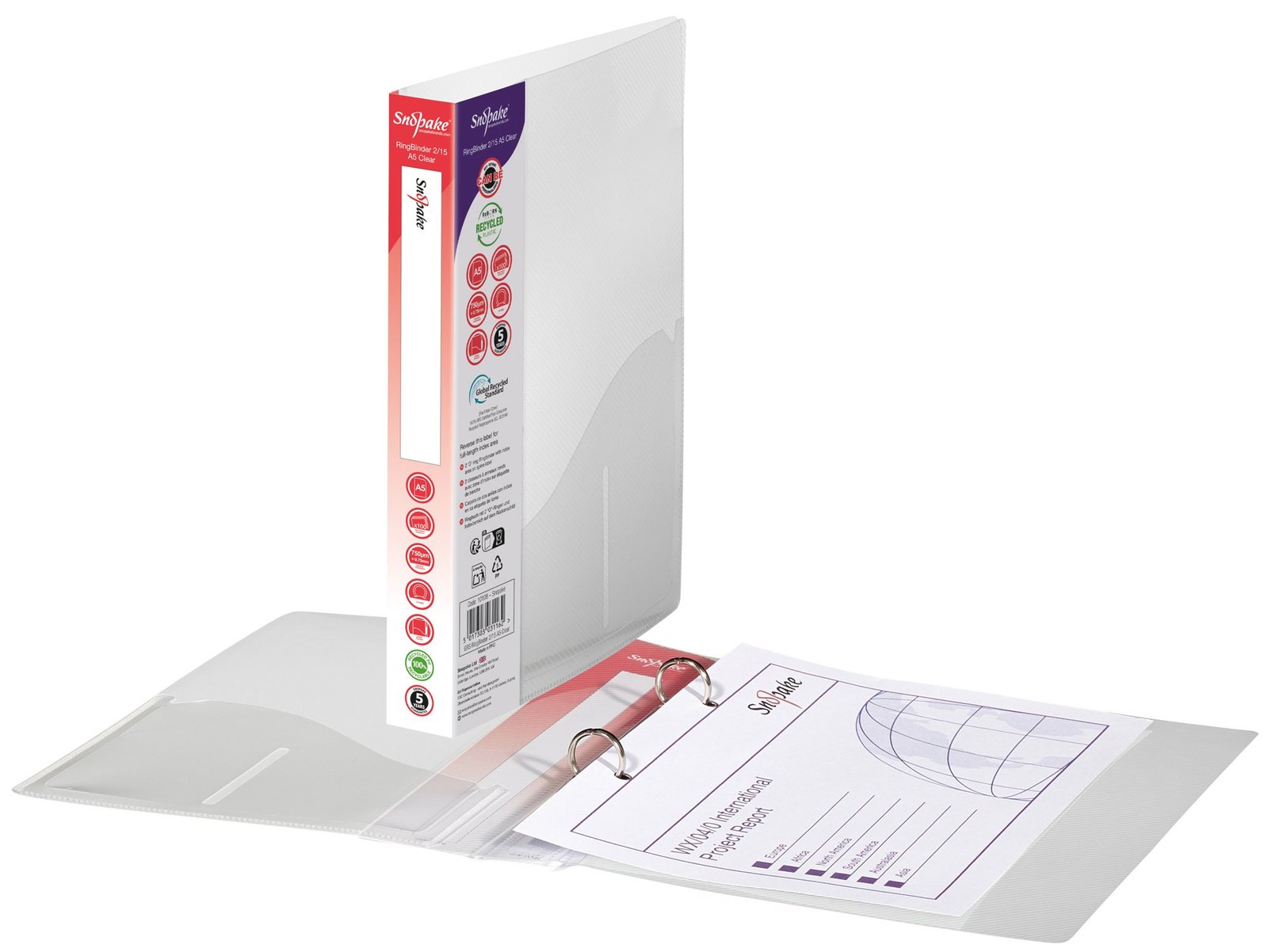 10108_grs_recycled_a5_2_ring_15mm_ringbinder_-clear_both Snopake RingBinder 2/15 'O' Ring A5 Clear- 10 Binders - Image 1