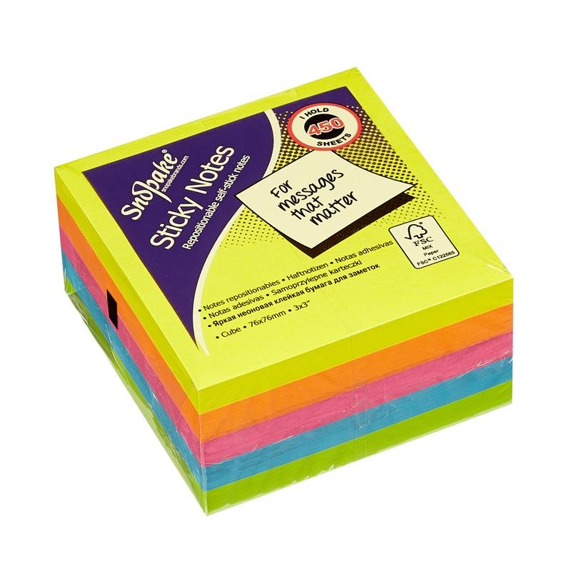 11702_1 Snopake FSC Sticky Note Cube Neon 450 Sheet Cube- 1 Cube - Image 1
