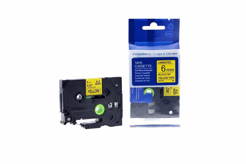 12910611 Comp Brother P-Touch TZe-611 Labelling Tape Cassette Black on Yellow also for TZ-611 - Image 1