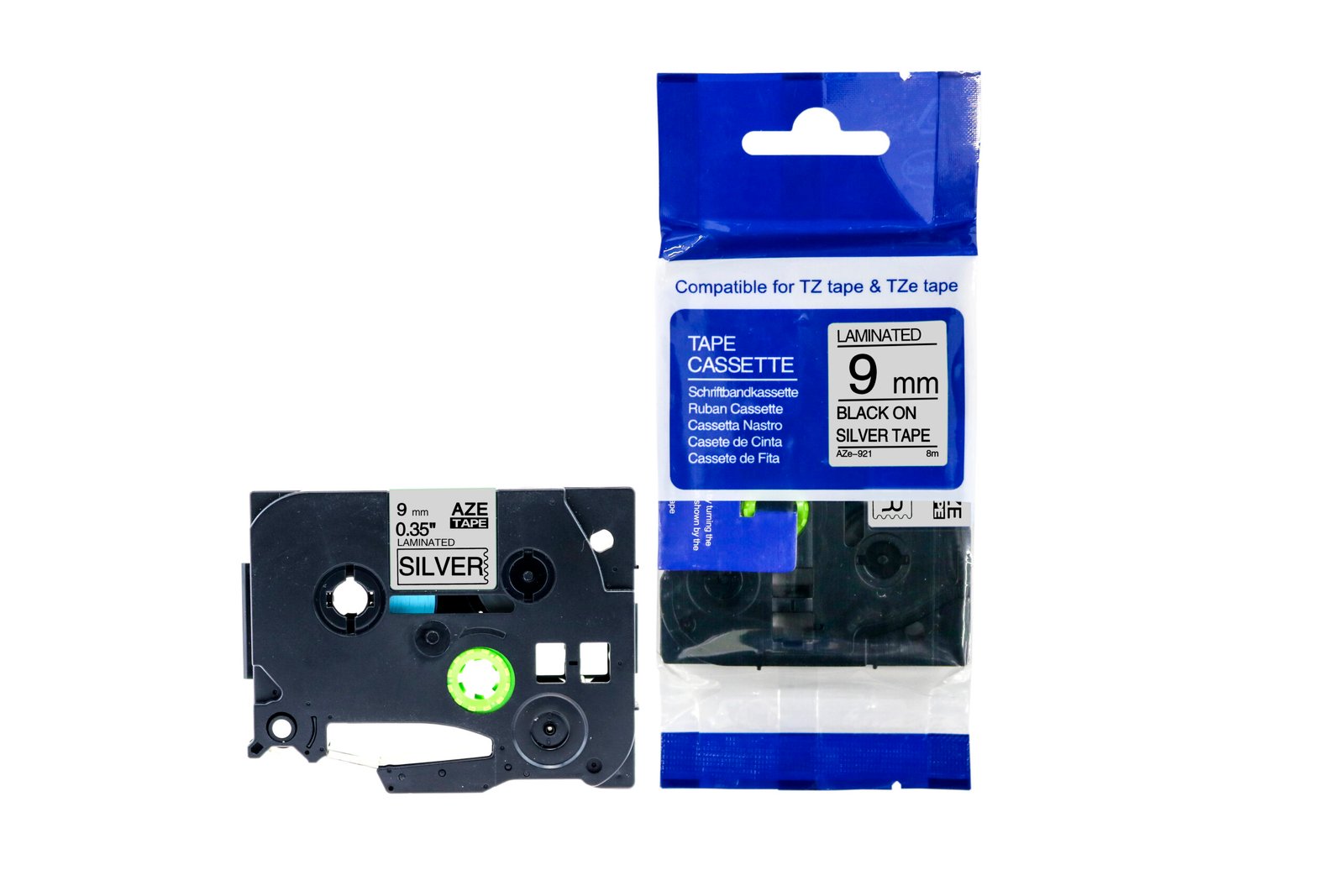 12910921 Comp Brother P-Touch TZe-921 Labelling Tape Cassette Black on Silver also for TZ-921 - Image 1
