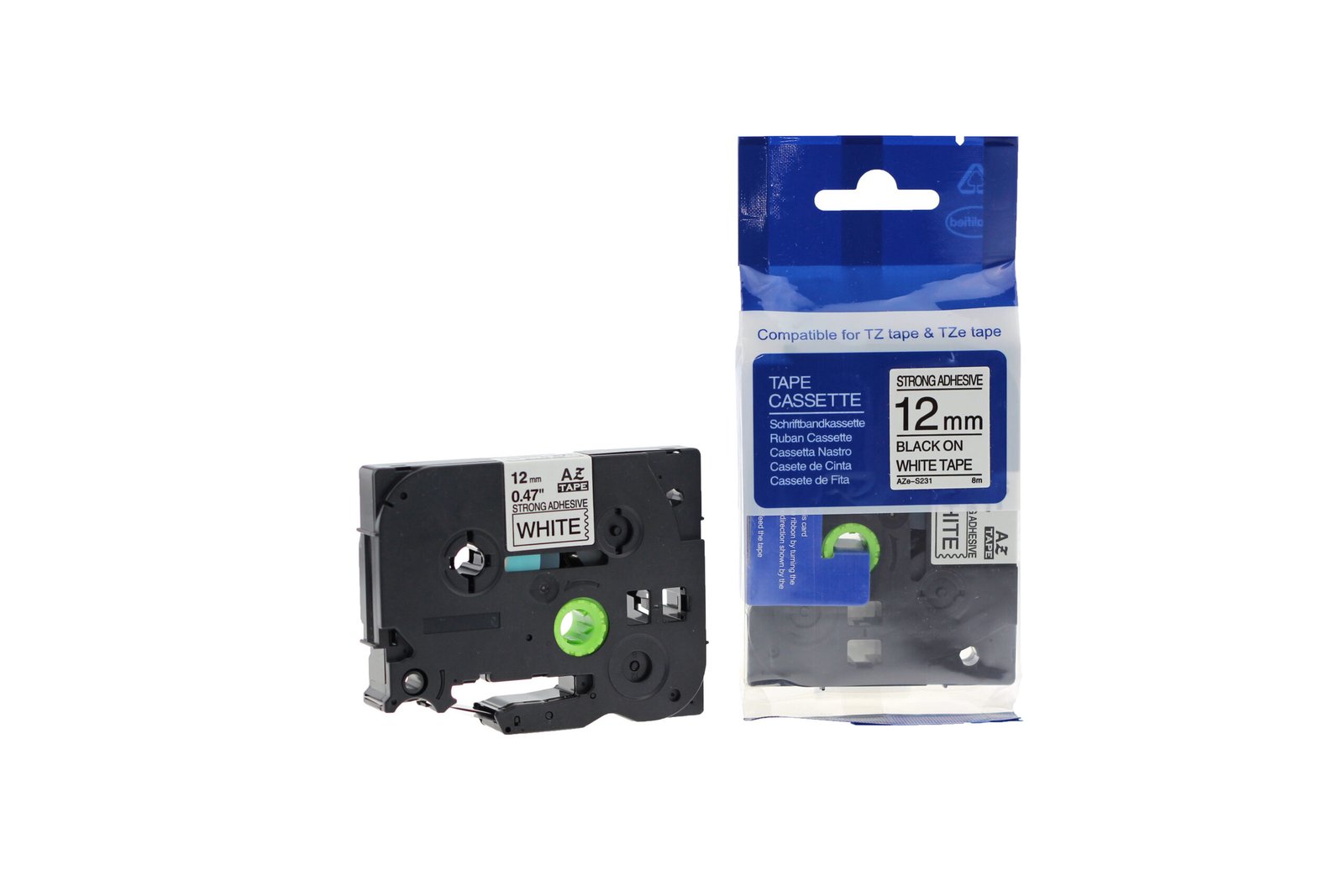 12911231 Comp Brother P-Touch TZe-S231 Labelling Tape Cassette Black on White also for TZ-S231 Strong Adhesive - Image 1