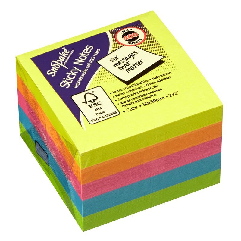 13223_1 Snopake FSC Sticky Note Mini Cube Neon 400 Sheet Mini Cube- 1 Cube - Image 1