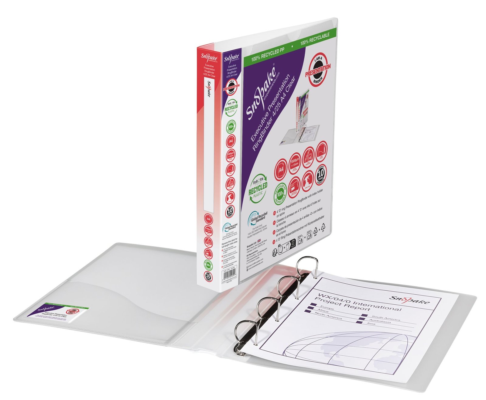 13386_grs_recycled_a4_4_ring_25_mm_d_executive_presentation_ringbinder_clear_both Snopake Executive Presentation RingBinder 4/25 'D' Ring A4 Clear- 10 Binders - Image 1
