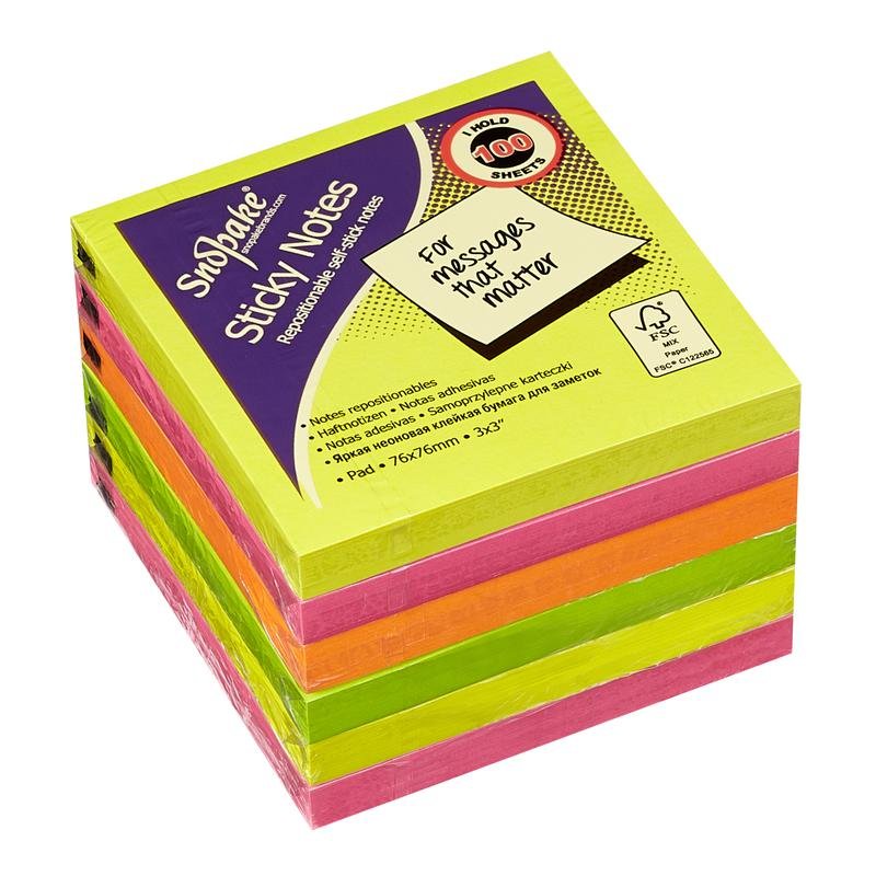 13527_1 Snopake FSC Sticky Note Neon Assorted 100 Sheet Pad- 6 Pads - Image 1