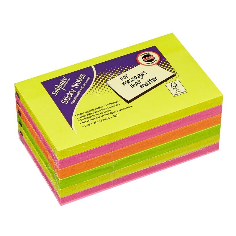 13528_1 Snopake FSC Sticky Notes Neon Assorted 100 Sheet Pad- 6 Pads - Image 1