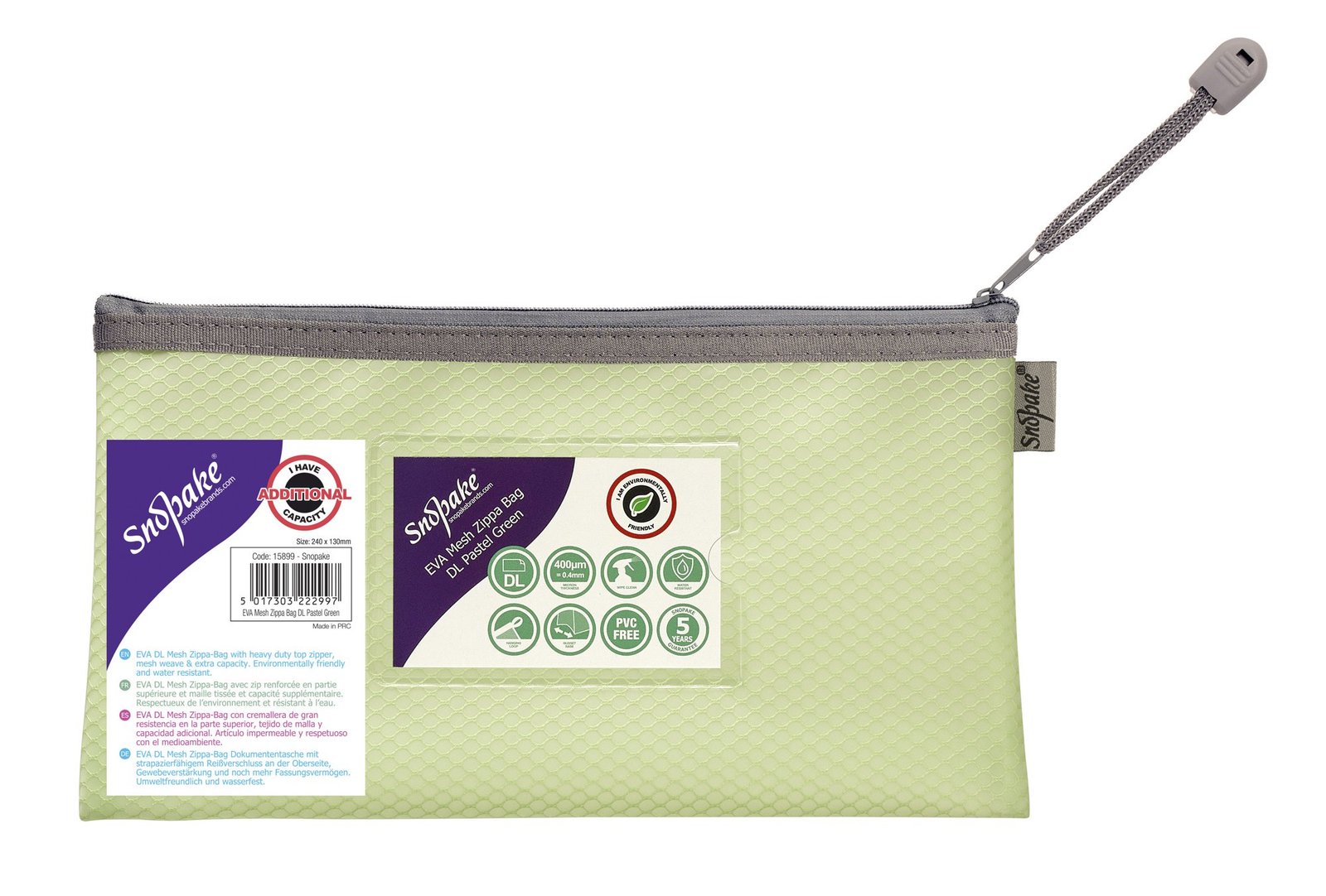 15899_eva_mesh_zippa_bag_dl_pastel_green_1 Snopake EVA Pastel Mesh HC DL Zippa Bag - Green- 3 Bags - Image 1