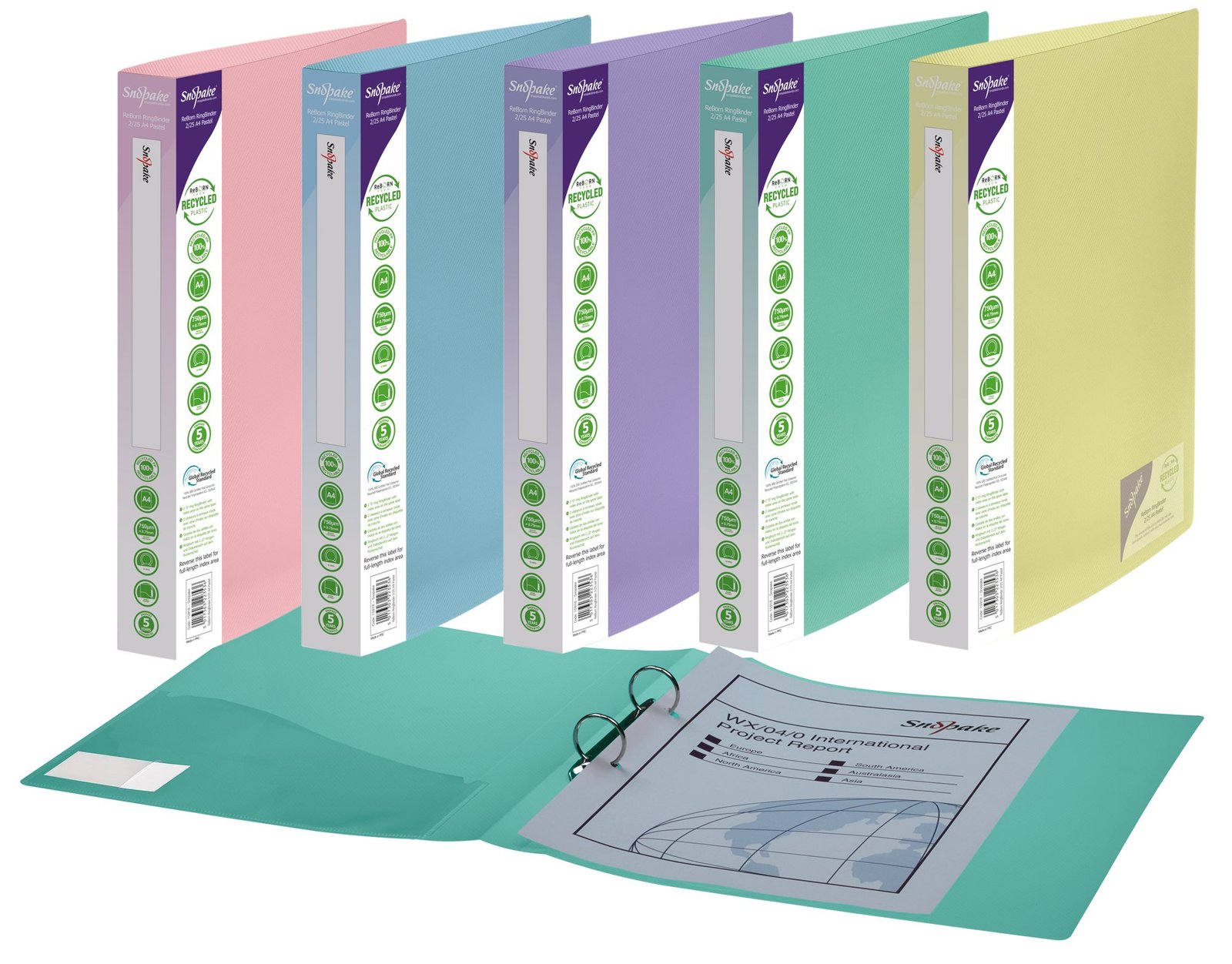 15918_reborn_2-25_ringbinder_a4_pastel_group_ Snopake GRS ReBorn RingBinder 2/25 'O' Ring A4 Pastel Assorted- 5 Binders - Image 1