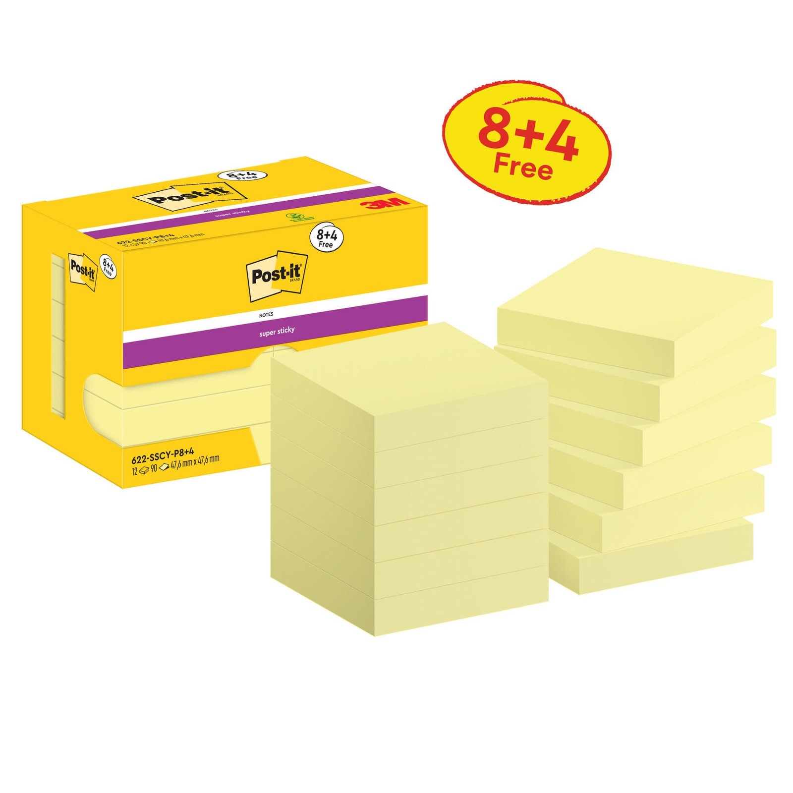 17a804db3135f5fc4069b7172dc1534982bdad7e Post-it® Super Sticky Notes Canary Yellow 47.6 mm x 47.6 mm Promo Pack 90 Sheets/Pad 8 + 4 FREE Pads/Pack Cardboard Pack 100% PEFC SGSCH-PEFC-C - Image 1