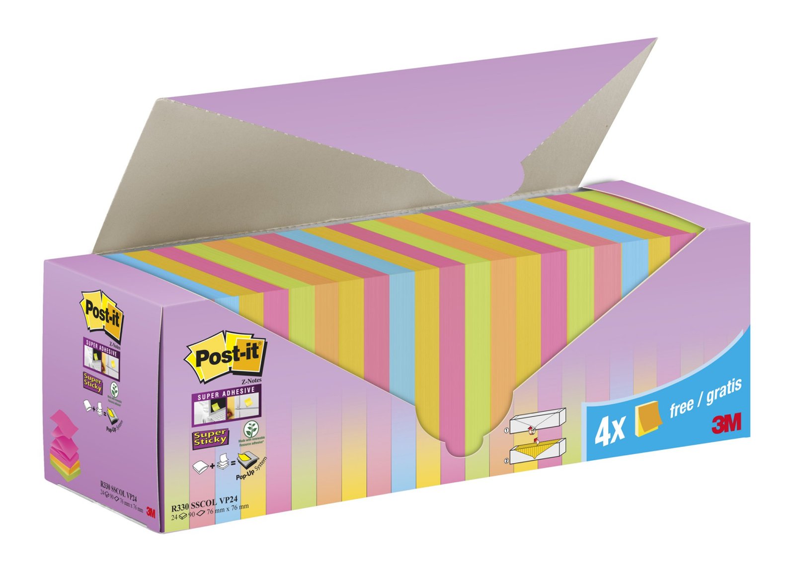 1909396 Post-it® Super Sticky Z-Notes Assorted Colours 76 mm x 76 mm Promo Pack 90 Sheets/Pad 20 + 4 FREE Pads/Pack Cardboard Pack 100% PEFC SGSCH-PEFC - Image 1