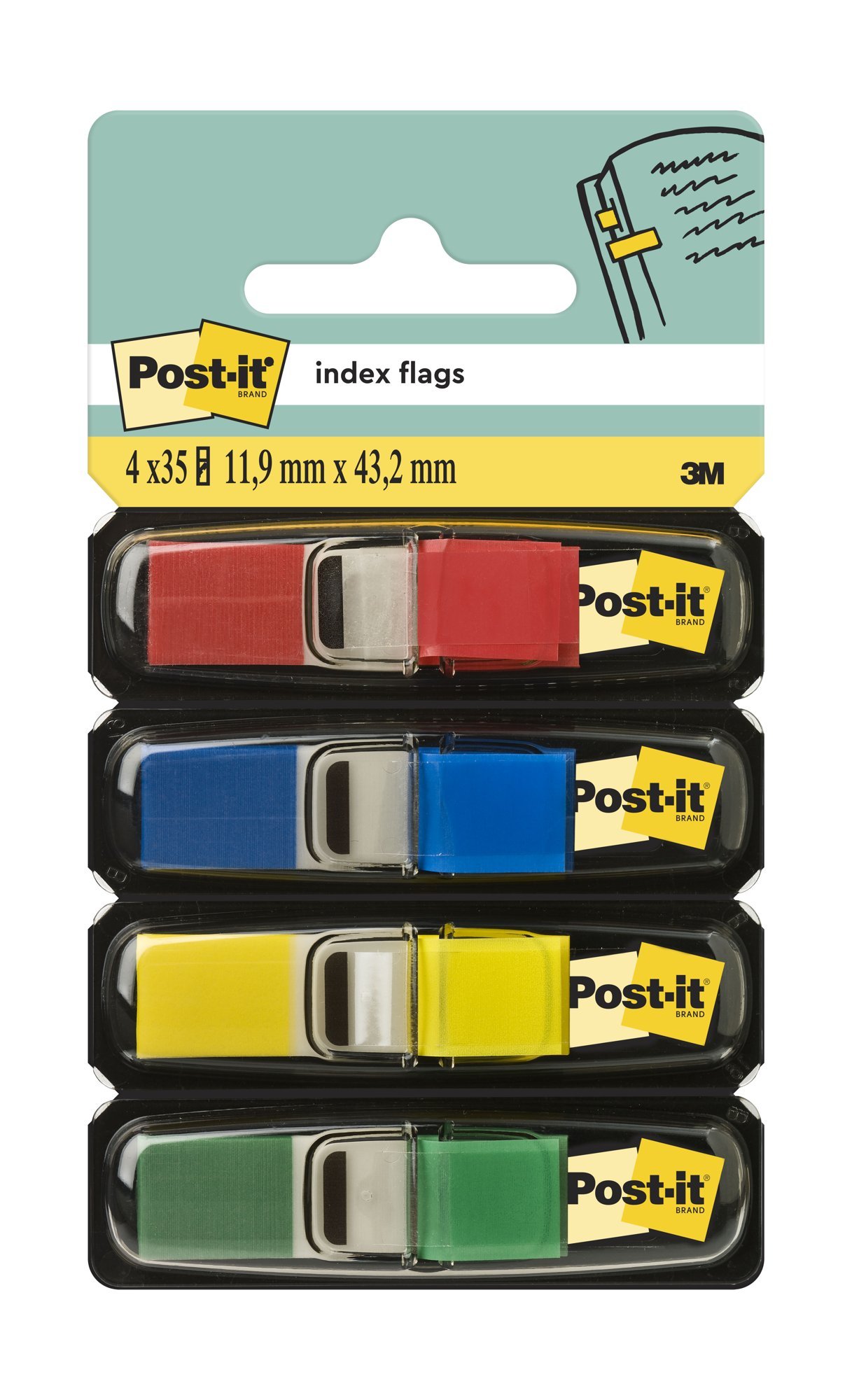 1dbd25827b69a910b136b1b94d47af0001e94a47 Post-it® Index Flags Small Yellow Red Blue and Green 11.9 mm x 43.2 mm 35 Flags/Dispenser 4 Dispensers/Pack - Image 1