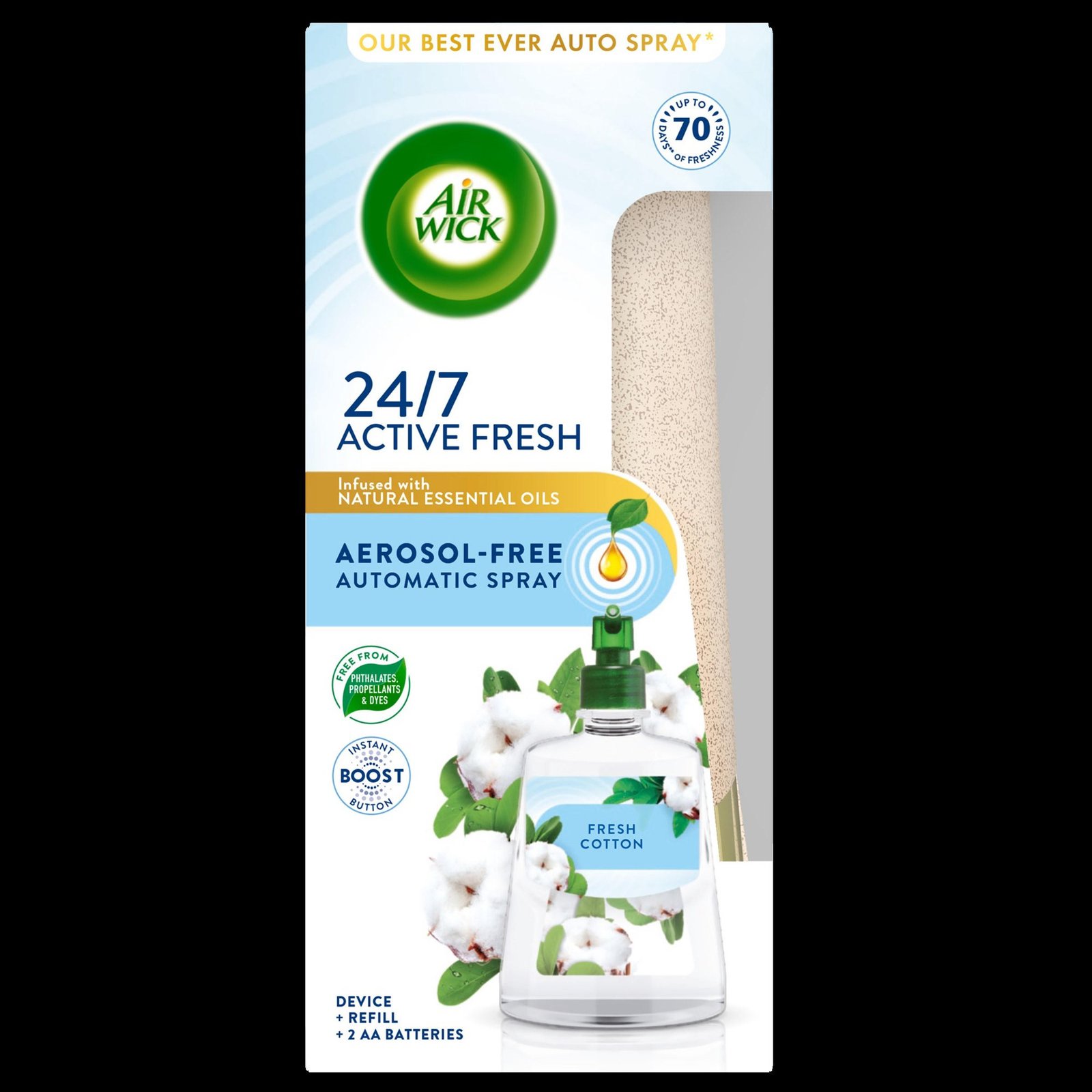3230098 Air Wick Active Fresh Automatic Air Freshener Fresh Cotton - Device and 1 x 228ml Refill - Image 1
