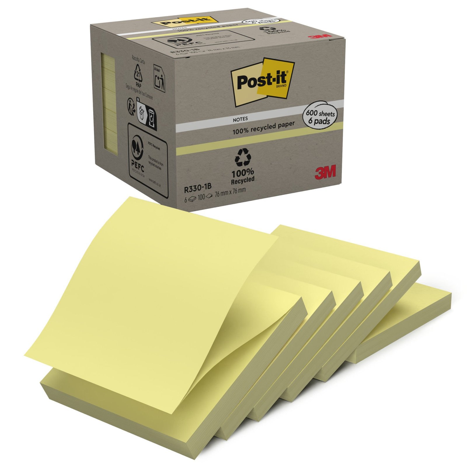 3719c6b0590454ef377a6ad9e59345893c95f3b6 Post-it® Recycled Z-Notes Canary Yellow 76 mm x 76 mm 100 Sheets/Pad 6 Pads/Pack 100% PEFC Recycled SGSCH-PEFC-COC-110078 - Image 1