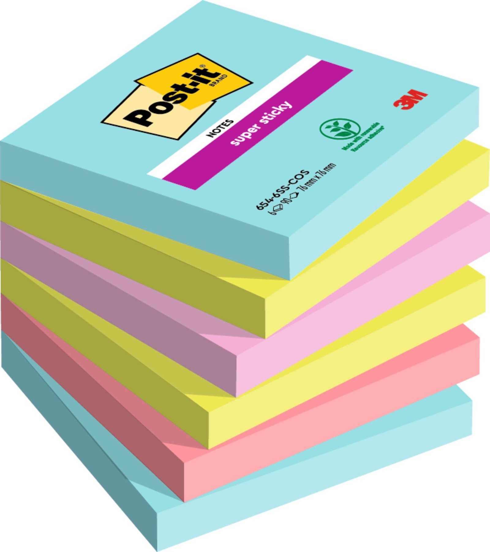 5435752f66a0aae9489cf63f6a2a89fc7db4f946 Post-it® Super Sticky Notes Cosmic Colour Collection 76 mm x 76 mm 90 Sheets/Pad 6 Pads/Pack 100% PEFC SGSCH-PEFC-COC-110078 - Image 1