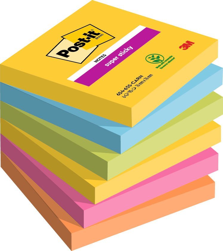 69f58d4404ddc0b40f93deec1b313a0c34ecc751 Post-it® Super Sticky Notes Carnival Colour Collection 76 mm x 76 mm 90 Sheets/Pad 6 Pads/Pack 100% PEFC SGSCH-PEFC-COC-110078 - Image 1