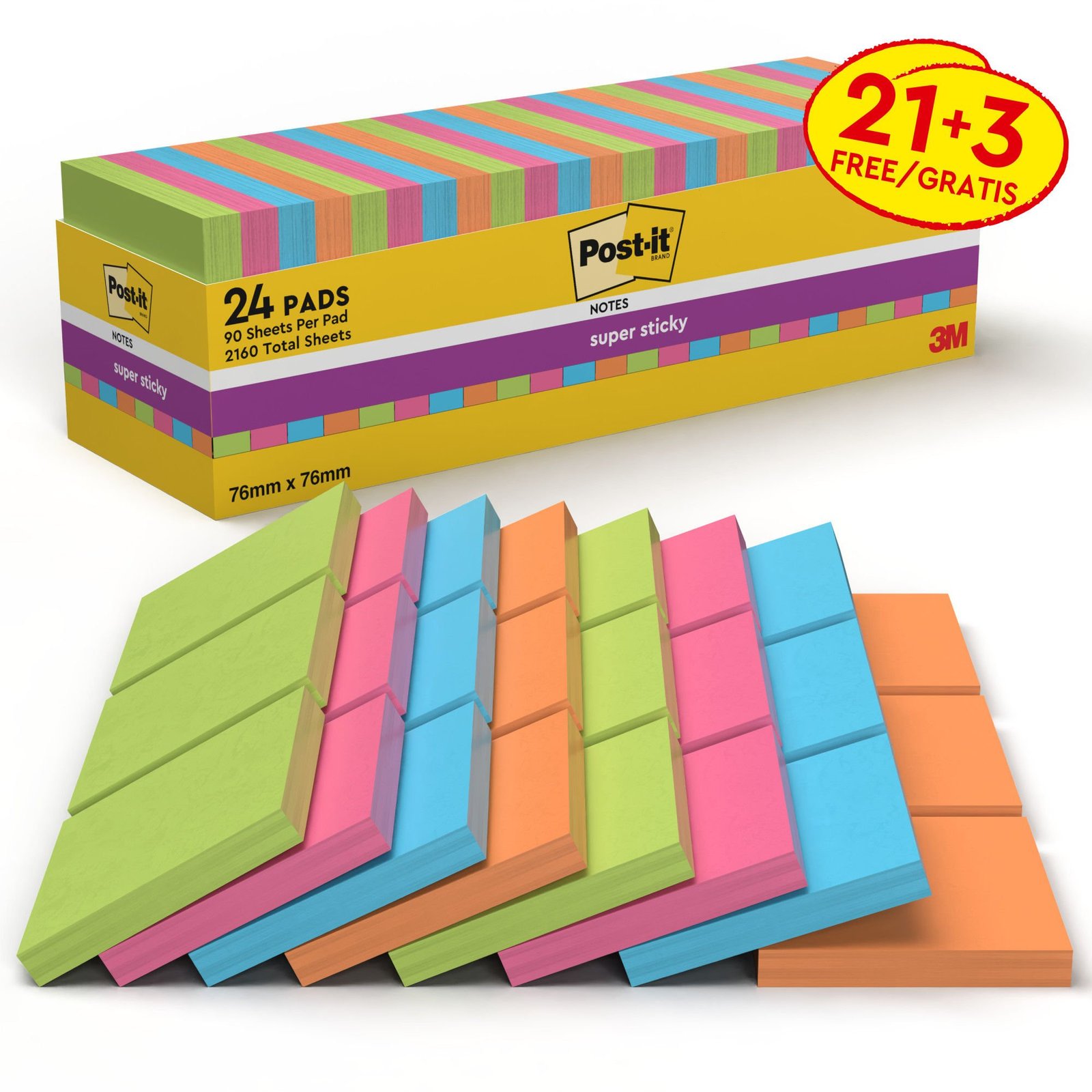 6a3d69e7e0737a38ab179e56db25292db2708a61 Post-it® Super Sticky Notes Assorted Colours 76 mm x 76 mm Promo Pack 90 Sheets/Pad 21 + 3 FREE Pads/Pack 100% PEFC SGSCH-PEFC-COC-110078 - Image 1