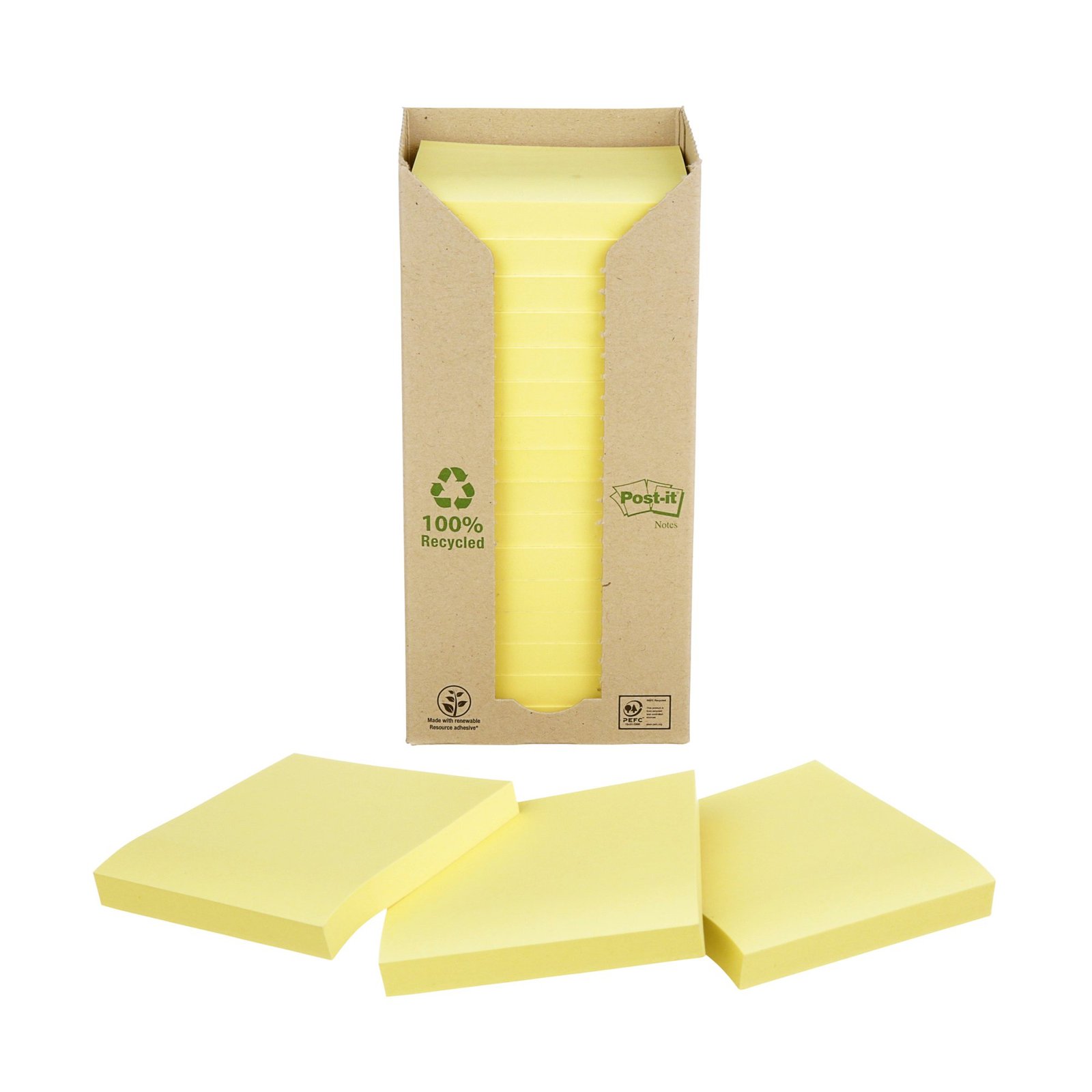 7100172245_1828841_1 Post-it® Recycled Notes Canary Yellow 76 mm x 76 mm 100 Sheets/Pad 16 Pads/Pack 100% PEFC Recycled SGSCH-PEFC-COC-110078 - Image 1