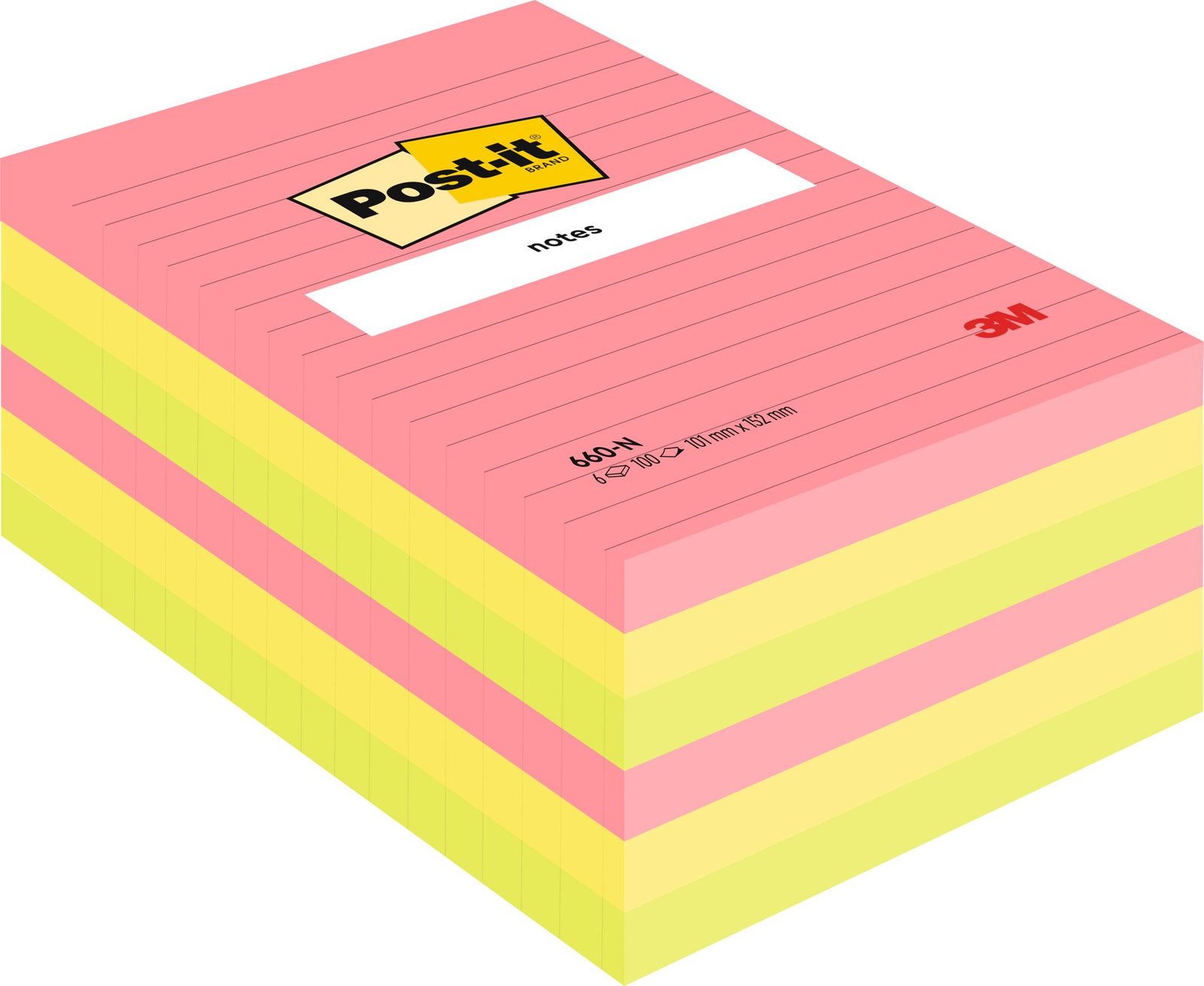 7100172324_2066371_1 Post-it® Large Notes Assorted Neon Colours Lined 101 mm x 152 mm 100 Sheets/Pad 6 Pads/Pack 100% PEFC SGSCH-PEFC-COC-110078 - Image 1