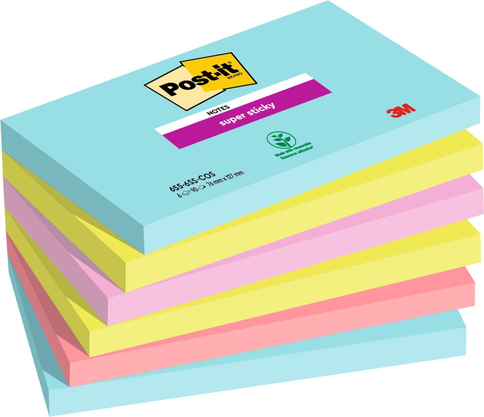 7100242784_2066364_1 Post-it® Super Sticky Notes Cosmic Colour Collection 76 mm x 127 mm 90 Sheets/Pad 6 Pads/Pack 100% PEFC SGSCH-PEFC-COC-110078 - Image 1