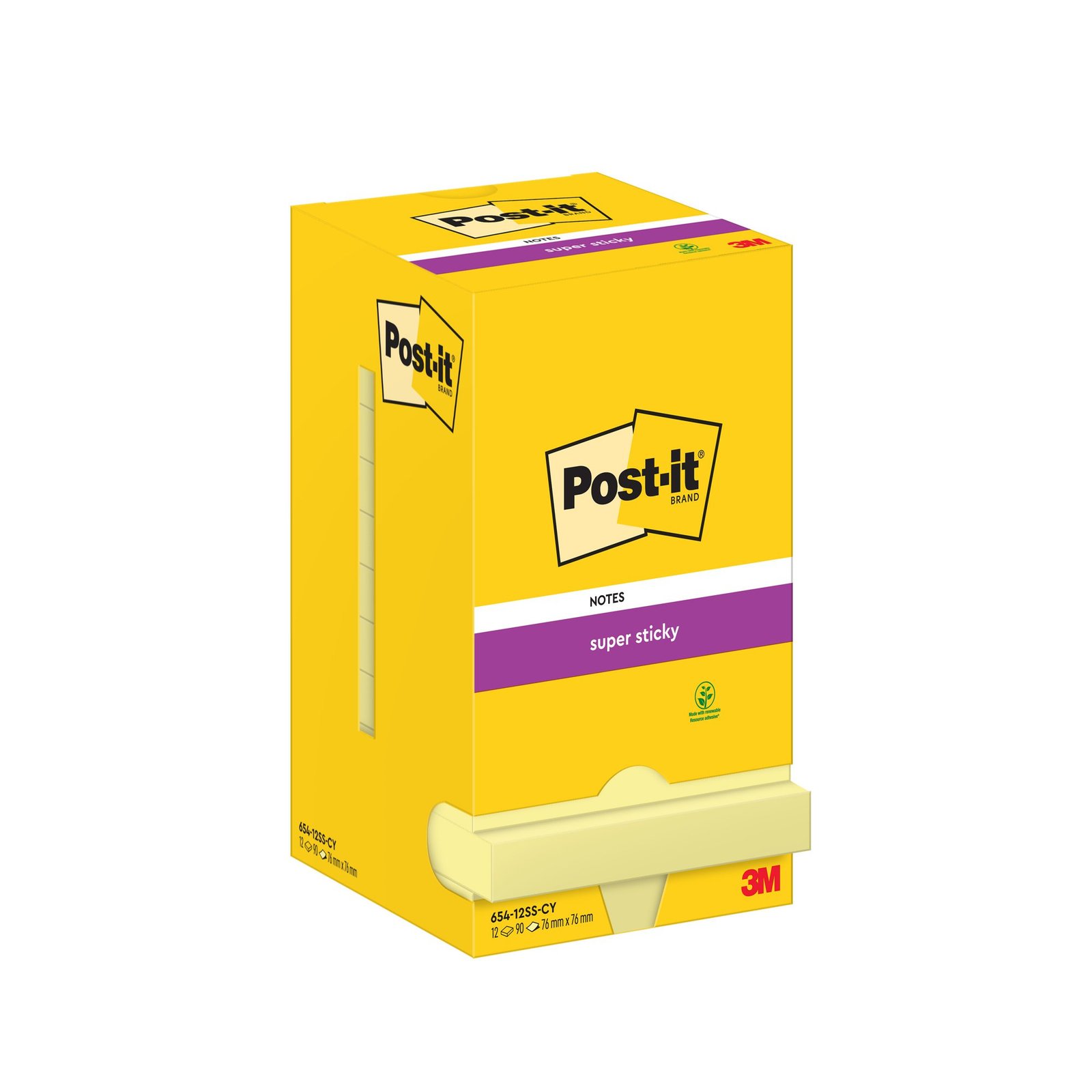 7100290155_2295785_1 Post-it® Super Sticky Notes Canary Yellow 76 mm x 76 mm 90 Sheets/Pad 12 Pads/Pack Cardboard Pack 100% PEFC SGSCH-PEFC-COC-110078 - Image 1