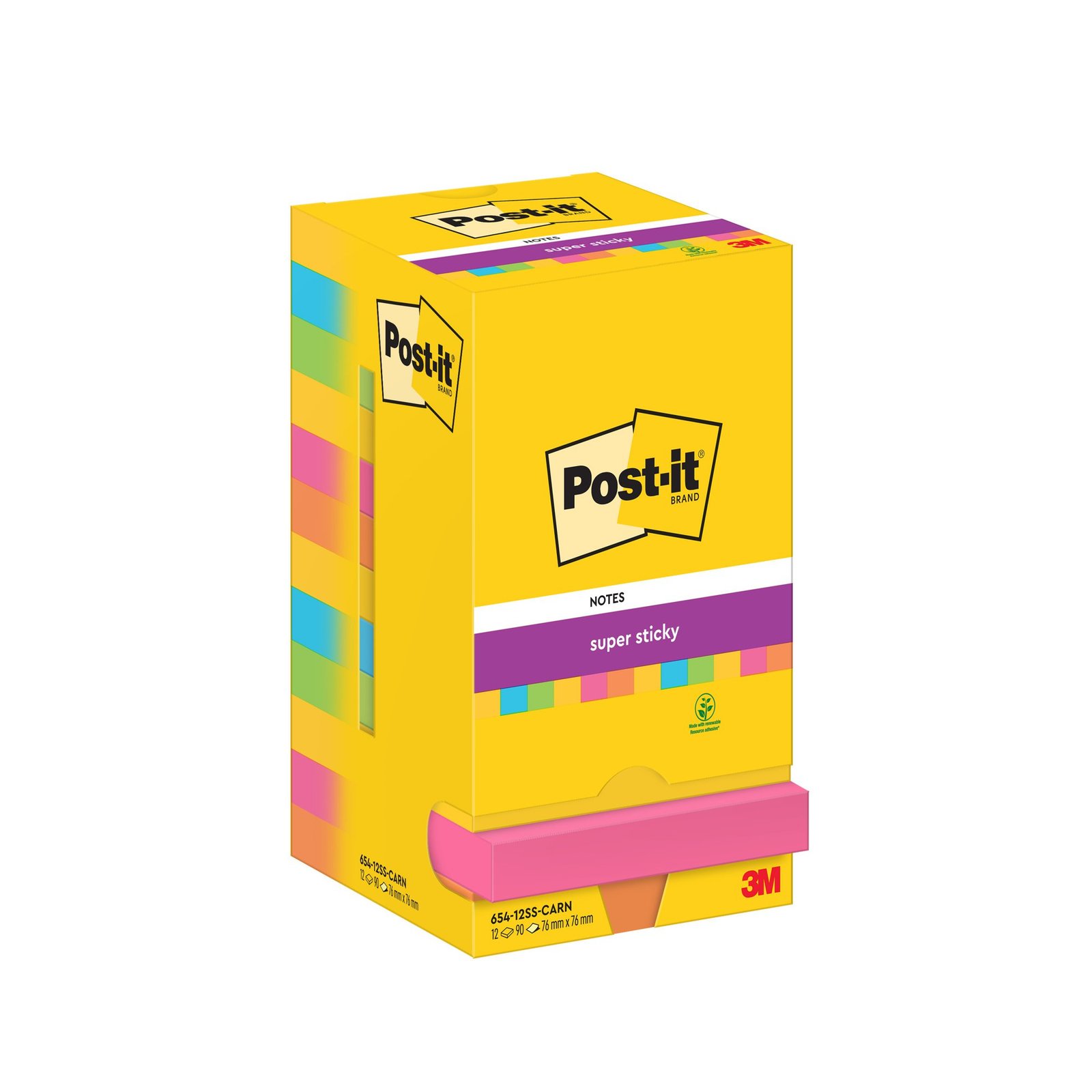 7100290173_2295786_1 Post-it® Super Sticky Notes Carnival Colour Collection 76 mm x 76 mm 90 Sheets/Pad 12 Pads/Pack Cardboard Pack 100% PEFC SGSCH-PEFC-COC-110078 - Image 1