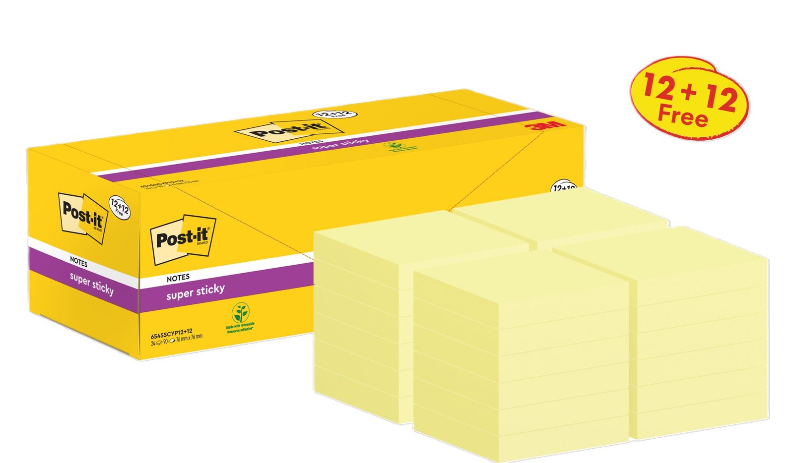 797922 Post-it® Super Sticky Notes Canary Yellow 76 mm x 76 mm Promo Pack 90 Sheets/Pad 12 + 12 FREE Pads/Pack Cardboard Pack 100% PEFC SGSCH-PEFC-COC - Image 1