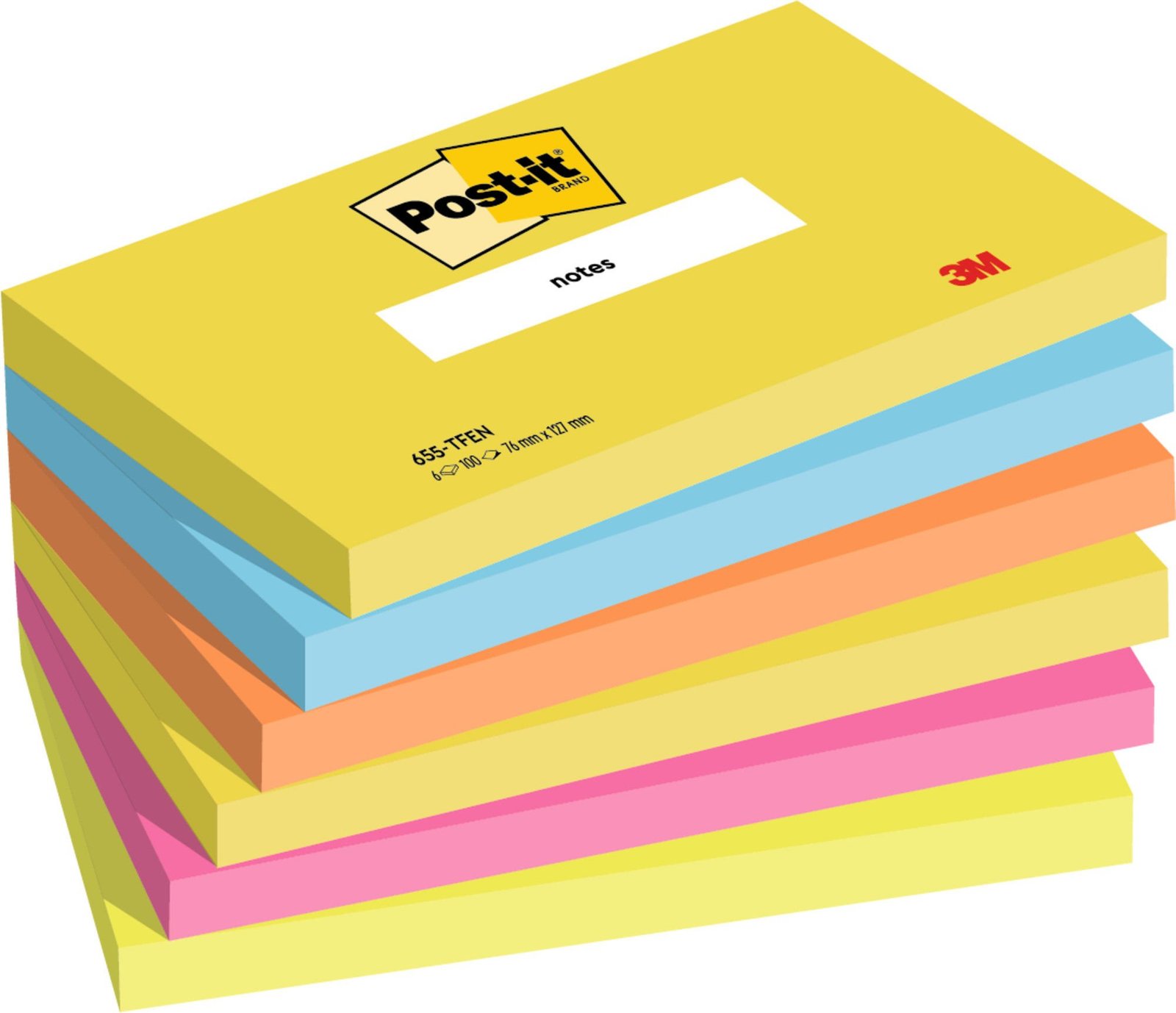 87bb8d143af5b93823e2755aef1c60c57bb269d4 Post-it® Notes Energetic Colour Collection 76 mm x 127 mm 100 Sheets/Pad 6 Pads/Pack 100% PEFC SGSCH-PEFC-COC-110078 - Image 1
