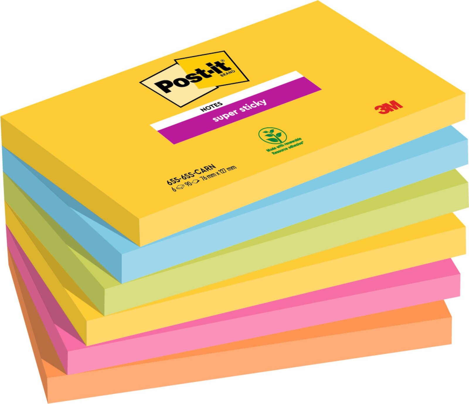 e029c9e4b470c5a3afbc8ef458786f2994ecc5c4 Post-it® Super Sticky Notes Carnival Colour Collection 76 mm x 127 mm 90 Sheets/Pad 6 Pads/Pack 100% PEFC SGSCH-PEFC-COC-110078 - Image 1