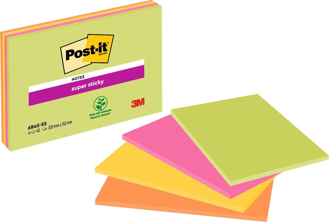 f3abcb1302c6986212661bd37a8bc0f9f2a4e5b3 Post-it® Super Sticky Meeting Notes Assorted Neon Colours 203 mm x 152 mm 45 Sheets/Pad 4 Pads/Pack 100% PEFC SGSCH-PEFC-COC-110078 - Image 1