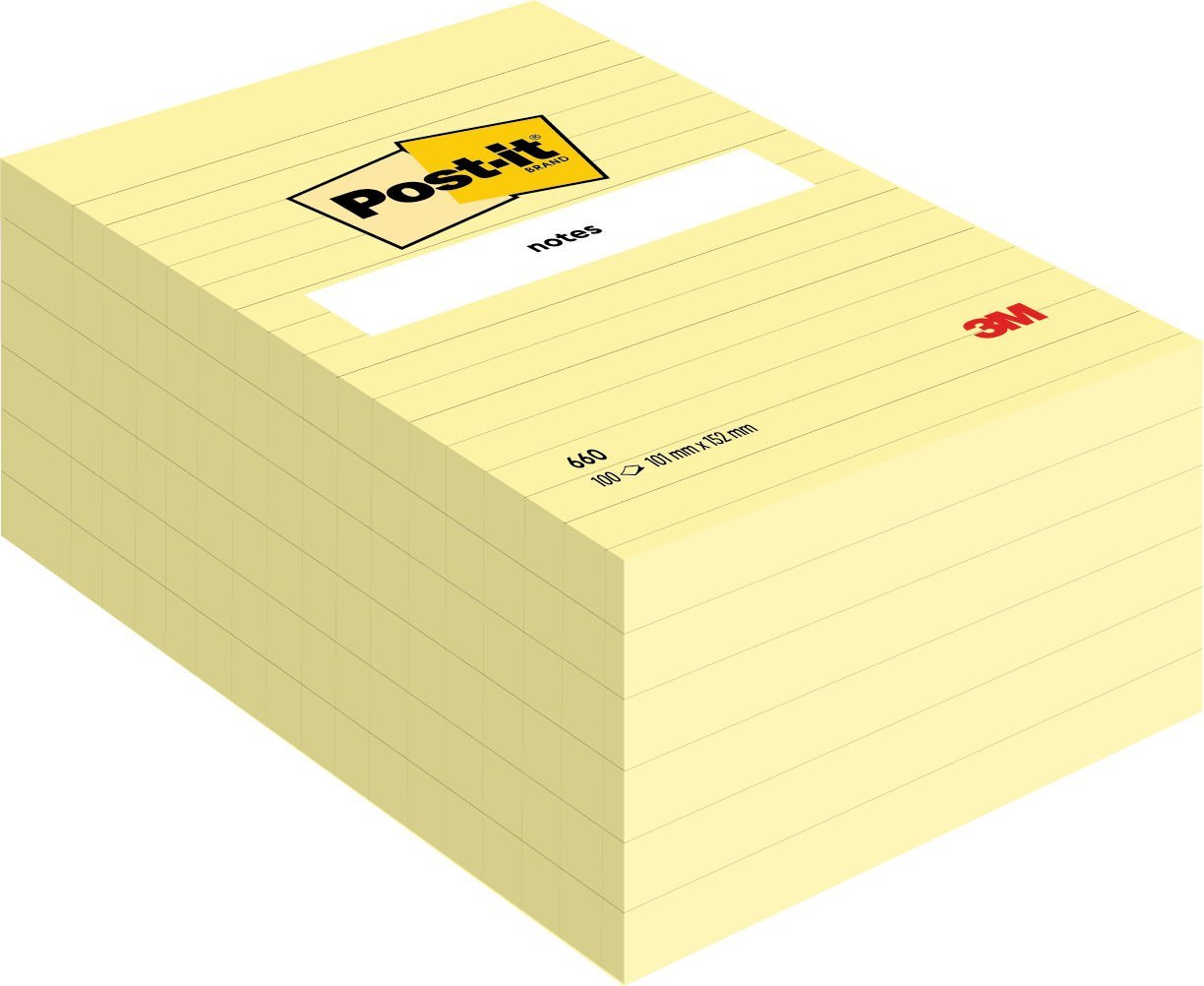 f59a93c72a973126f4bd151cedf13ef40452270f Post-it® Large Notes Canary Yellow Lined 101 mm x 152 mm 100 Sheets/Pad 6 Pads/Pack 100% PEFC SGSCH-PEFC-COC-110078 - Image 1